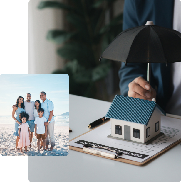 Insurance protection concept with house model and umbrella